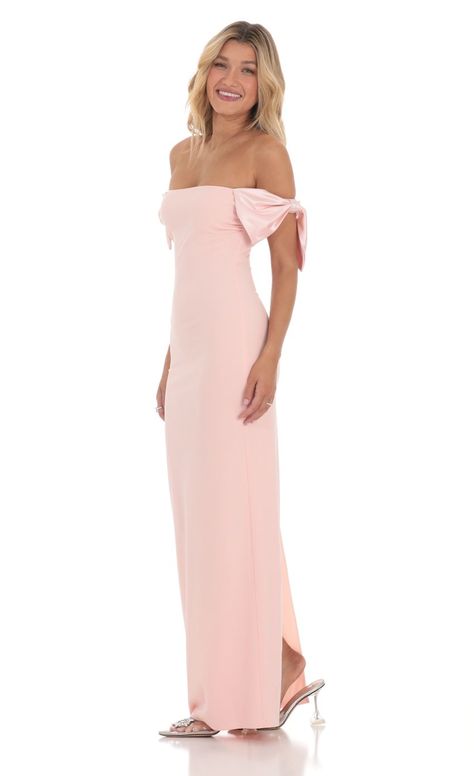 Off Shoulder Bow Sleeve Maxi Dress in Pink Long Hoco Dresses, Light Pink Bridesmaid Dresses, Pastel Pink Dress, Cute Formal Dresses, Baby Pink Dresses, Pink Long Dress, Light Pink Dress, Lucy In The Sky, Pink Formal Dresses