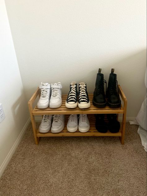 shoe rack, nike, bamboo shoe rack Shoe Rack Dorm Room, Shoe Rack In Room Ideas, Small Room Entryway Ideas, Show Rack Aesthetic, Shoe Rack Ideas Aesthetic, Shoe Shelf Decor, Shoe Holder Aesthetic, Cute Shoe Rack Ideas, Shoes Rack Aesthetic