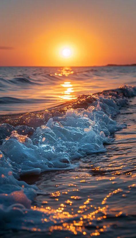 Serene ocean scene with vibrant sunset colors and gentle waves. Beaches And Sunsets, Beautiful Beach Background, Sun Set Photo, Ocean With Sunset, Sun Set Wallpaper, Ocean Waves Aesthetic, Sunrise Over Ocean, Beach Waves Sunset, Sun And Ocean