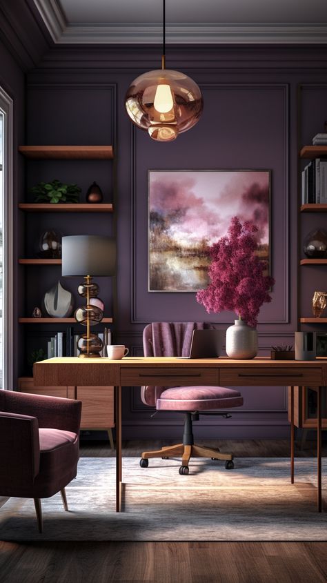 Moody Office Women, Deep Purple Office, Moody Purple Office, Moody Glam Office, Fancy Office Ideas, Feminine Home Library, Office Interior Design Colorful, Home Office Purple, Moody Feminine Office