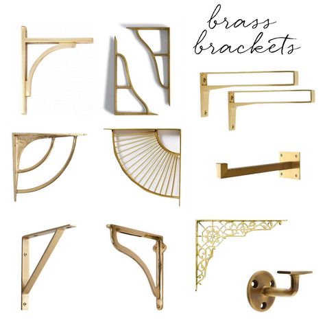 brass shelf brackets Brass Railing, Gold Shelf Brackets, Long Shelves, Kitchen Shelf Brackets, Brass Brackets, Brass Shelf Brackets, Diy Shelf Brackets, Brass Shelf, Glass Shelf Brackets