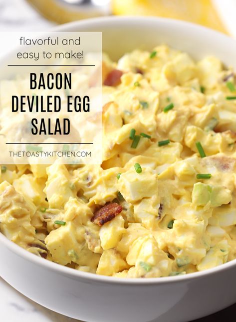 Bacon Deviled Egg Salad recipe - The Toasty Kitchen #eggsalad #deviledegg #bacon #deviledeggsalad #homemade #recipe #lunchrecipe #mealprep Egg Salad Recipe With Bacon, Deviled Eggs With Bacon, Bacon Egg Salad, Egg Salad Recipe Easy, Deviled Egg Potato Salad, Eggs With Bacon, Salad Recipes With Bacon, Egg Sauce, Deviled Egg Salad