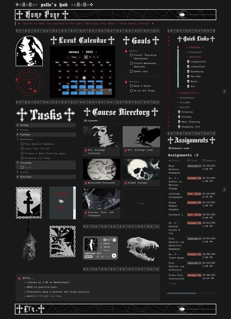 Notion Template Dark Goth Aesthetic - Academi Dark Goth Aesthetic, Study Planner Free, Notion Workspace, Aesthetic Notion Template, Life Planner Organization, Aesthetic Notion, Blog Website Design, School Template, Notion Templates