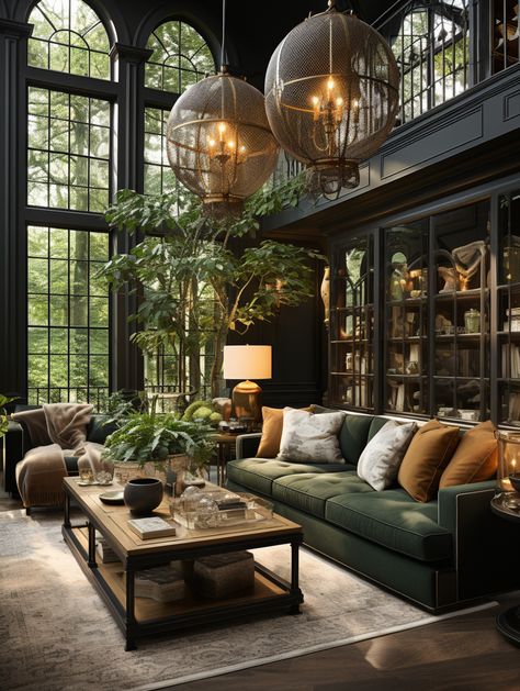 Green And Good Living Room, Dark Whimsical Interior Design, Dark Library Living Room, Green Monochromatic Living Room, Rich Green Living Room, House Green Interior, Dramatic Home Decor, Whimsical House Interior Living Room, Monochromatic House Interiors