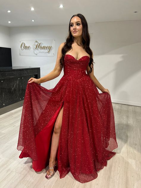 Red Prom Dresses Long Sparkly, Red Prom Dress Sparkly, Glitter Ball Gown, Red Glitter Dress, Red Sparkly Dress, Red Corset Dress, Red Formal Gown, Elegant Prom Dress, Red Prom Dress Long