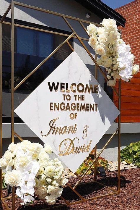 Signage Florals, Welcome Stand, Engagement Party Themes, Engagement Stage Decoration, Engagement Party Planning, Engagement Themes, Elegant Engagement Party, Party Rules, Engagement Dinner