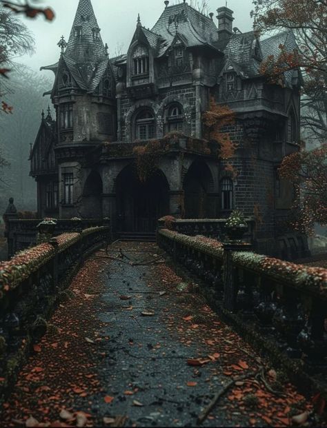 Dark Fantasy Architecture, Dark Places Aesthetic, Haunted House Exterior, Abandoned House Aesthetic, Abandon Castle, Haunted Victorian House, Haunted House Aesthetic, Goth Manor, Fall Castle