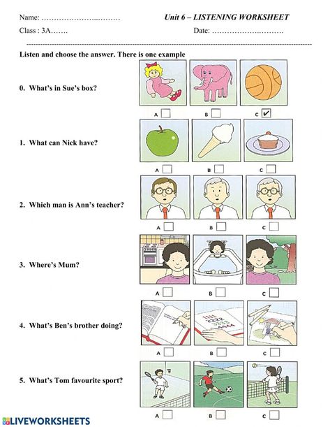 Listening Worksheets For Kids, Listening Comprehension Worksheets, Listening Skills Worksheets, Listening Worksheet, Listening English, Picture Comprehension, Test For Kids, Worksheets For Grade 3, Listening Test