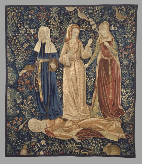 V&A museum object The Three Fates, Flemish Tapestry, Greek Myth, Medieval Tapestry, Three Women, Three Graces, Medieval Dress, Art Antique, Medieval Art