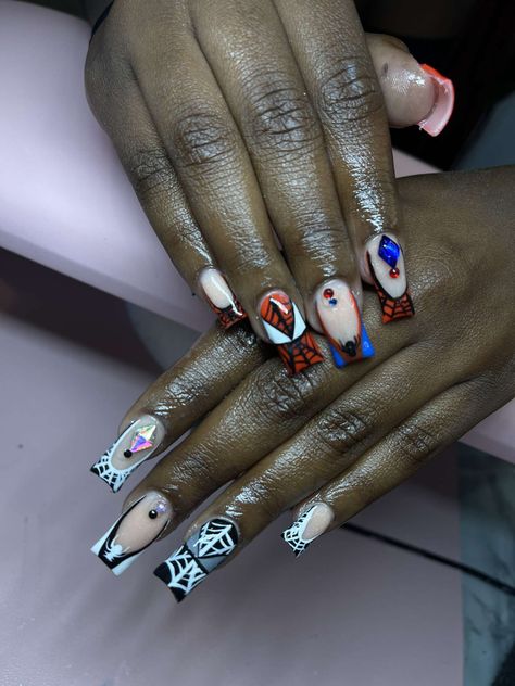 Acrylic Nails Spider, Medium Square Acrylic Nails, Spider Man Nails, Spiderman Nails, Nails Spider, Man Nails, Orange Acrylic Nails, Hand Nails, Hard Gel Nails