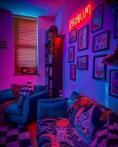 𝗥𝗘𝗗𝗥𝗨𝗠 🪓 I am SO OBSESSED with my new custom neon light from @manhattanneons that they kindly gifted me. It finishes off our new living room so good 😩❤️‍🔥❤️‍🔥 so grateful! They’ve given me a discount code which is 𝘀𝗽𝗲𝗹𝗹𝗯𝗼𝘂𝗻𝗱𝘅𝗻𝗮𝗶𝗹𝘀𝟮𝟬 to get money off your own custom neon!! Link in bio 🪓 https://manhattanneons.com?sca_ref=6844625.jLynWzKOyj8cxxm Tapestry’s from @inked_rugs & @deadcatsclub ❤️‍🔥🪓 #neonlights #customneon #theshining #homedecor #alternativestyle #redrum #halloweenhome #maxim... Neon Words For Bedroom, Black Neon Room Aesthetic, Synthwave Living Room, Trippy Game Room, Neon Set Design, Dark Neon Room Aesthetic, Neon Goth Room, 80s Aesthetic Living Room, Cyberpunk Gaming Room