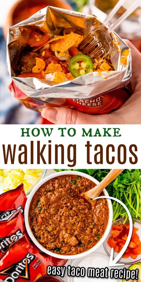 Make the famous fair food at home! This Walking Tacos recipe is a quick and easy meal you can eat on the go. Seasoned beef is mixed into bags of Doritos and topped with your favorite taco fixings! Walking Tacos With Doritos, Tacos On The Go, Walking Taco Recipe Ground Beef, Walking Taco Meat Recipe, Taco In A Bag Recipe, Taco Fixings, Walking Tacos Recipe, Restaurant Desserts, Recipes Tofu