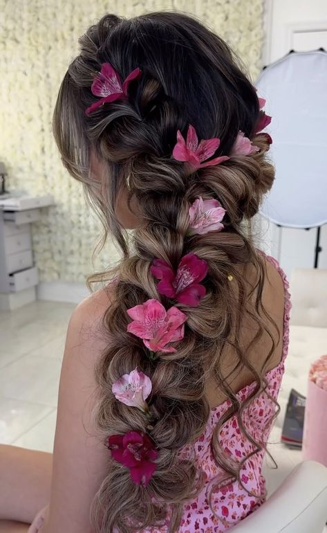 Pretty Hairstyles For A Wedding, Braided Hairstyles For Quinceanera, Hairstyles For Long Hair With Accessories, Fairy Theme Hairstyles, Up Hairstyles For Long Hair Prom, Fancy Hair Up Styles, Rapunzel Inspired Hairstyles, Tangled Theme Prom Hair, Hair Designs For Curly Hair