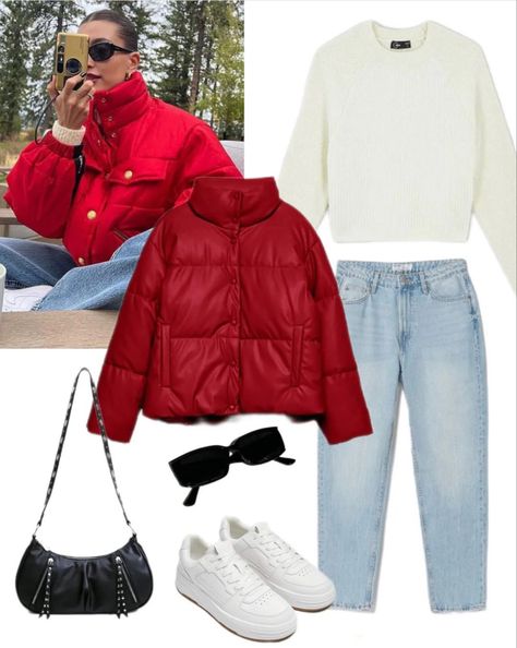 Red Jacket Outfit Winter, Red Parka Outfit, Snowfall Outfits, Orange Puffer Jacket Outfit, Bubble Jacket Outfit, Red Jacket Winter, Red Puffer Jacket Outfit, Puffer Jacket Outfit Women, Wide Leg Jeans Winter