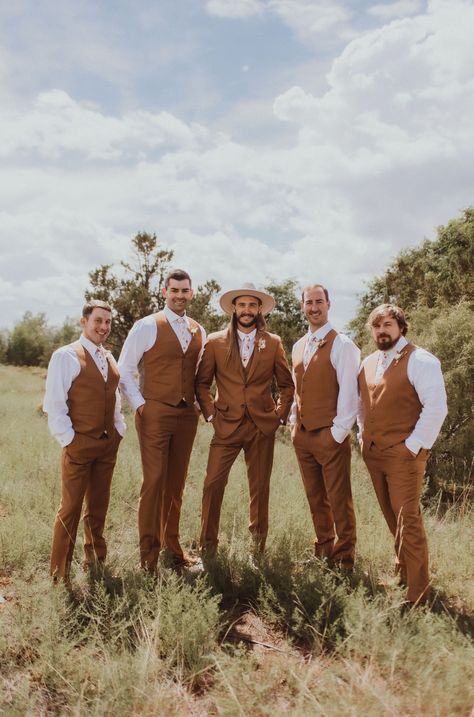 Cognac Groomsmen Suits, Woodsy Groom Attire, Bohemian Groomsmen Attire, Copper Vest Groomsmen, Earth Tone Groomsmen Attire, Boho Wedding Groomsmen Groom Attire, Boho Grooms Attire, Fall Color Groomsmen Attire, Brown Groom And Groomsmen Attire