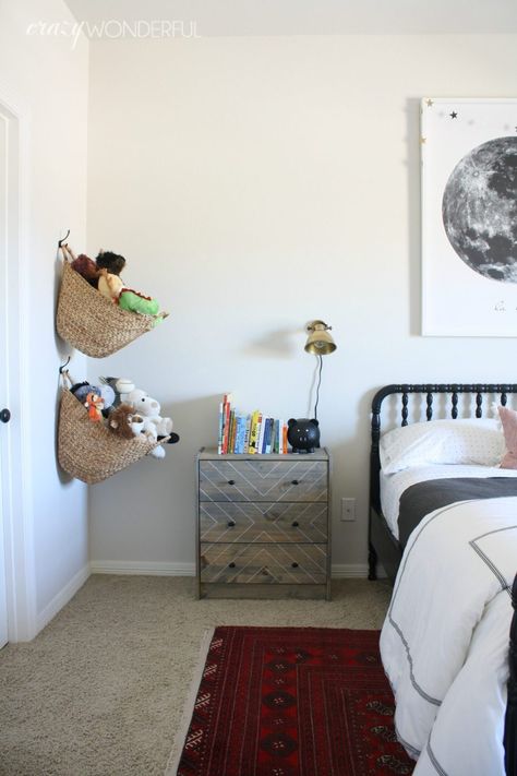 Teddy Storage, Simple Playroom, Hanging Basket Storage, Soft Toy Storage, Playroom Storage, Playroom Organization, Kids Room Organization, Stuffed Animal Storage, Rooms Reveal