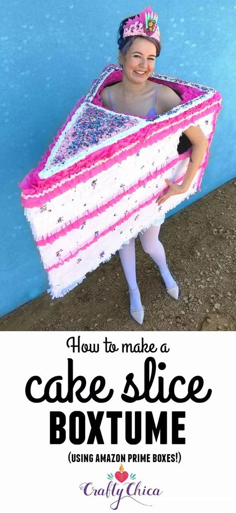 Grab all of your boxes for this awesome DIY! This slice of cake is zero calories, but full of cuteness! Cake Slice Costume Tutorial! #Boxtumes - The Crafty Chica! Crafts, Latinx art, creative motivation Amazon Box Costume, Cake Costume, Boxing Halloween Costume, A Slice Of Cake, Box Costumes, Slice Of Cake, Homemade Halloween Costumes, Costume Tutorial, Hallowen Costume