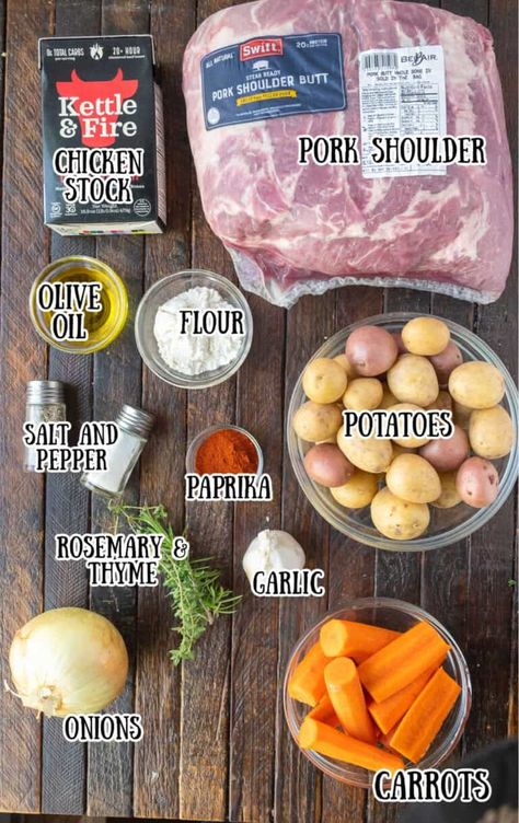 All the ingredients needed for this roasted pork shoulder. Easy Crock Pot Pork Roast, Pork Roast Shoulder Recipes, How To Cook Pork Shoulder, Crockpot Pork Shoulder Roast Slow Cooker, How To Cook A Pork Shoulder Roast, Recipes For Pork Shoulder Roast, Healthy Pork Roast Recipes, Pork Shoulder Crockpot Recipes, Pork Shoulder Roast Crock Pot Recipes