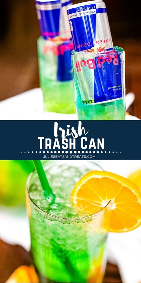 The Irish Trash Can drink is a fun cocktail that mixes up a half dozen varieties of alcohol and then is topped with a can of Red Bull. It's the perfect cocktail for celebrating St. Patrick's day! The "Irish" name is simply because this beverage turns green after it mixes together. Plus, it's pretty and delicious to drink! #cocktail #stpatricksday via @julieseats Blueberry Red Bull Alcoholic Drinks, Trash Can Alcohol Drink, Alcohol Drinks With Red Bull, Alcoholic Drinks That Don’t Taste Like Alcohol, Red Bull Drinks Cocktails, Green Mixed Drinks Alcohol, Redbull Mixed Drinks, Red Bull Mixed Drinks Non Alcoholic, Red Bull Cocktails Drink Recipes