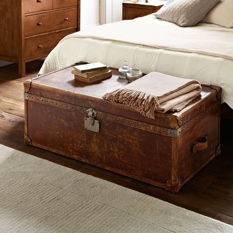 Our leather Houston End of Bed Trunk is distinguished, charming and full of character. We adore the hand-studded detail, leather handles and butterfly corners. This is a fantastic addition to any bedroom and creates the perfect finishing touch to the end of your bed. Now with 10% off in our Summer Sale. Don't miss out! Luxury Bedroom Furniture, Leather Trunk, Trunks And Chests, Storage Trunks, Vintage Trunks, Storage Trunk, Bedroom Decor Design, Perfect Bedroom, Vintage Bedroom