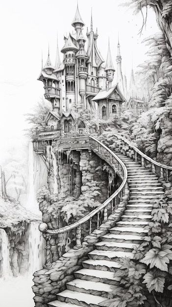 Fantasy World Drawing, Forest Pencil Drawing, Drawing Of A Castle, Castle Drawings, Drawing Castle, Nike Drawing, Bridge Drawing, Bridge Artwork, Gorgeous Images