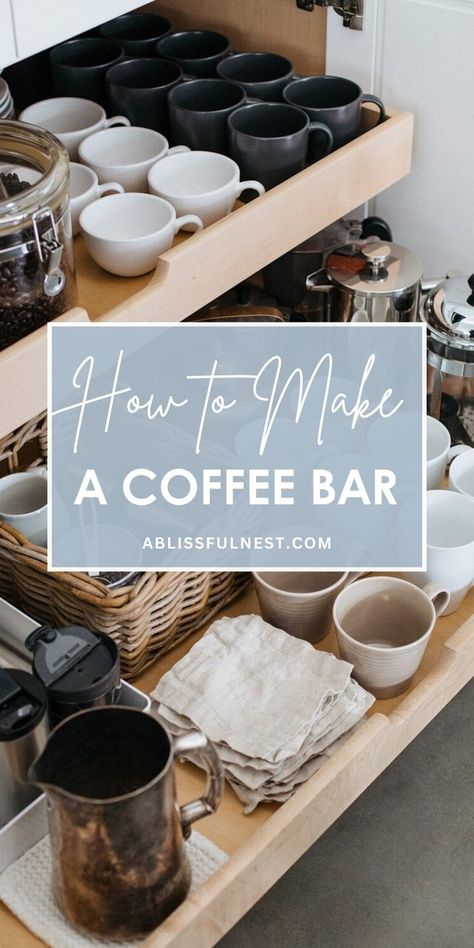 Turn your love for coffee into a stylish home coffee bar! This step-by-step guide shows you how to make a coffee bar that is both functional and aesthetically pleasing. From choosing the perfect coffee maker to organizing your mugs and supplies, this is your go-to resource for creating a coffee lover's dream space. #coffeebarideas #coffeebar #coffeestation Home Beverage Bar, Coffee Bar Cup Storage, What Do You Need For A Coffee Bar, Coffee Station Pot Filler, Closet Turned Coffee Bar, Classy Coffee Bar, Apothecary Coffee Bar, Coffee Bar Ideas With Mini Fridge, Ikea Coffee Bar Hack