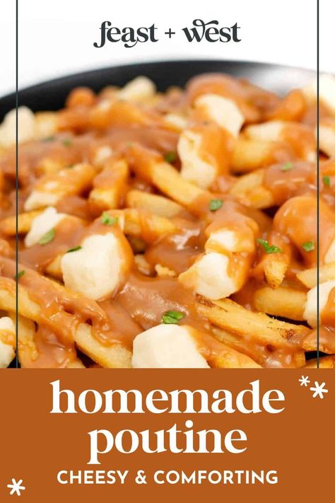 Homemade poutine is a Canadian classic that everyone will enjoy! You’re going to love this delicious comfort food loaded with rich gravy and gooey cheese curds. https://feastandwest.com/homemade-poutine/ Homemade Poutine Gravy, Loaded Poutine, Easy Poutine Recipe, Thanksgiving Poutine, Poutine Gravy Recipe, Different Poutine Recipes, Gravy Sauce Recipe, Chicken Poutine, Poutine Rapee Recipe