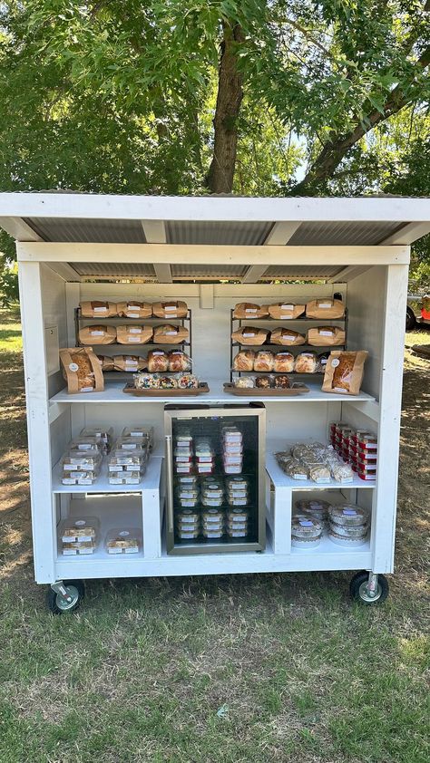 Casey Lynn’s Kitchen | Roadside Bakery Cart opens today @ Noon!! 716 S Forewood Dr Ark city | Instagram Bakery Shed Tiny House, Farmer Stand Ideas, Cottage Food Bakery, Self Serve Bakery Stand, Bake Stand Ideas, Microbakery Porch Pickup, Road Side Bakery Stand, Self Serve Bakery Cart, Micro Bakery Stand