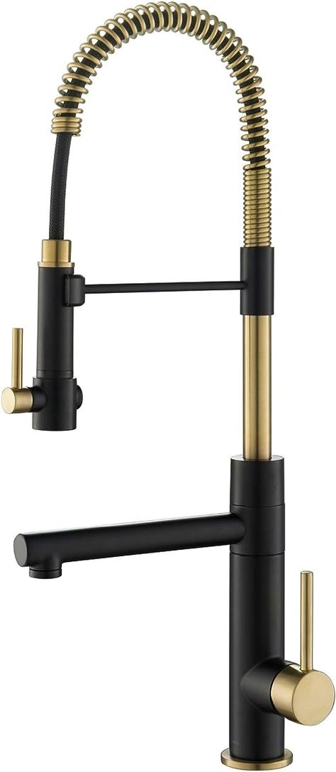 KRAUS Artec Pro (1 st Gen) Commercial Style Pre-Rinse Single Handle Kitchen Faucet (No Pull Down) with Pot Filler in Spot Free Antique Champagne Bronze/Matte Black, KPF-1603SFACBMB Black Industrial Kitchen Faucet, Black And Brushed Gold Kitchen, Black And Gold Kitchen Faucet Kohler, Black Rangehood Kitchen, Black Sink Faucet Kitchen, Gold And Black Kitchen Faucet, Gold Hardware In Kitchen, Kitchen With Black And Gold Appliances, Gold Kitchen Faucet With Stainless Sink