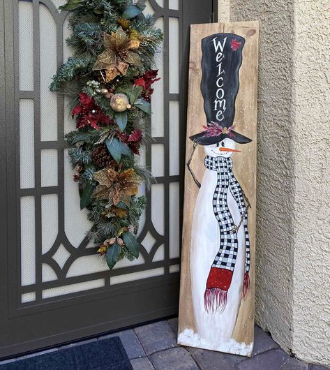 Porch Leaners For Winter, Door Leaner Christmas, Winter Door Leaner, Christmas Porch Boards, Winter Leaner Boards, Christmas Porch Leaners Diy, Winter Porch Leaners, Christmas Porch Signs Wood, Santa Porch Leaner