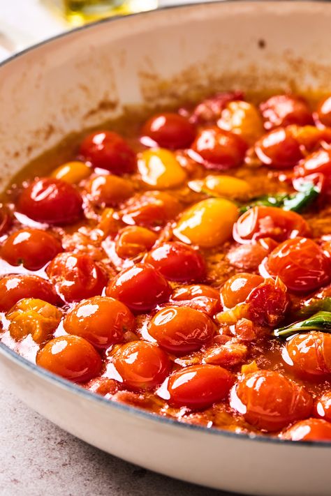 Burst Cherry Tomato Pasta | Olive & Mango Cooked Cherry Tomatoes, Cherry Tomatoes Recipes Pasta, Cherry Tomatoes Sauce, Burst Cherry Tomato Pasta, Cherry Tomato Pasta Sauce, Tomatoes Sauce, Tomato Pasta Recipe, Cherry Tomato Recipes, Tomato Dishes