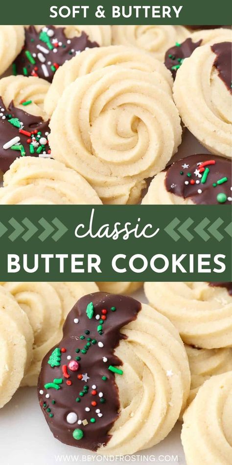 These soft and buttery swirl cookies are partially dipped in chocolate, then decorated with your favorite holiday sprinkles. Every Christmas celebration could use some of these melt-in-your-mouth Butter Cookies! Aunt Sally Cookies Recipe, Dessert To Sell Ideas, Christmas Ooey Gooey Butter Cookies, Christmas Cookies Chocolate, Homemade Christmas Cookies, Swirl Cookies, Cookies For Christmas, Christmas Cookie Recipes Holiday, Xmas Baking