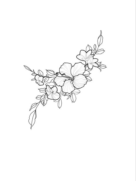 Hibiscus plumeria Maile tattoo design Minimalist Spinal Tattoo, Shoulder Tattoo Hibiscus, Ilima Flower Tattoo, Maui Flower Tattoo, Hibiscus Floral Tattoo, Hibiscus Branch Tattoo, Chaconia Flower Tattoo, Tattoo Ideas Hibiscus Flower, Hibiscus Tattoo Minimalist