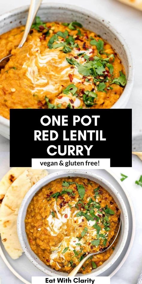 Protein Entrees, Vegan Lentil Curry, Chickpea Lentil, Red Lentil Recipes, Red Lentil Curry, Vegan Tikka Masala, Lentil Curry Recipes, Lentil Dahl, Sweet Potato Curry