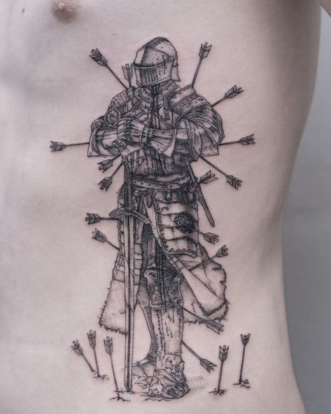 South Korean Tattoo, Korean Time, Korean Tattoo, Korean Tattoo Artist, Woodcut Tattoo, Engraving Tattoo, Medieval Tattoo, Knight Tattoo, Blackwork Tattoos