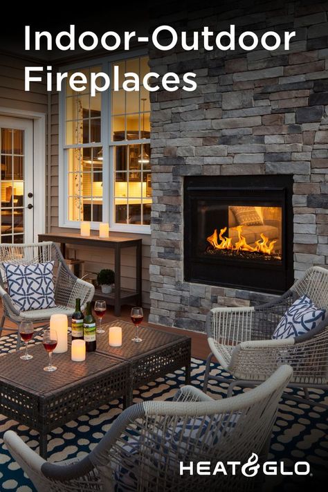 Double sided fireplace on patio Indoor Outdoor Electric Fireplace, Pass Through Fireplace Outdoor, 2 Sided Fireplace Indoor Outdoor, Four Sided Fireplace Ideas, Double Sided Gas Fireplace Indoor Outdoor, Double Sided Fireplace Inside And Outside, Indoor Outdoor Family Room, Double Fireplace Indoor Outdoor, Indoor And Outdoor Fireplace