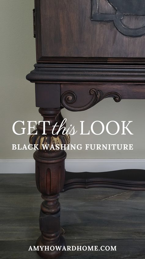 Transform your furniture with a stunning black washed finish! In this video, our talented Artist in Residence, Becky George, demonstrates step-by-step how to achieve this elegant look using Black One Step Paint, Glazed Over, Gold Leaf, Gilding Size, and antiquing wax. Watch now to learn Becky’s expert tips and techniques for adding a sophisticated touch to your furniture pieces. Black Furniture Painting Ideas, Black Wash Furniture Diy Wood, Black Paint Wash Wood, Painted Black Furniture Ideas, Refinished Office Furniture, Gold Gilding Wax On Furniture, How To Black Wash Furniture, Antique Wax Furniture, Refurbished Antique Furniture