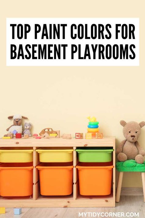 best basement playroom paint colors Best Paint Color For Playroom, Fun Basement Colors, Playroom Paint Colors Behr, Color Block Playroom, Pastel Color Playroom, Toy Room Color Scheme, Fun Playroom Paint Ideas, Basement Playroom Paint Colors, Basement Toddler Play Area