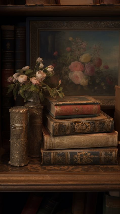 Elevate your iPhone and Android experience with the dignity of this antique book stack wallpaper. 🌹📖 Indulge in the charm of bygone days, perfect for literary enthusiasts and vintage lovers alike Book Stack Wallpaper, 19 Century Aesthetic Wallpaper, Dark Academia Wallpaper Iphone, Detailed Wallpaper, Dark Academia Phone, Vintage Lockscreen, Phone Edits, Collage Project, Dark Academia Wallpaper