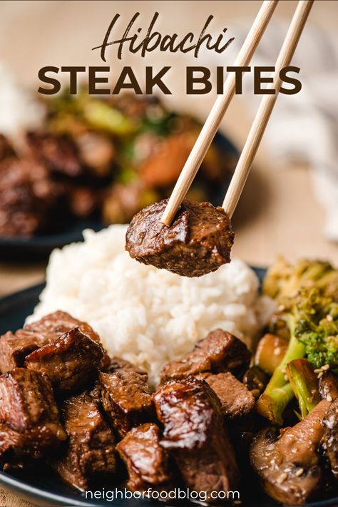 Chopsticks holding a piece of hibachi steak over a plate. Japanese Bbq Steak, Cooks Country Japanese Steakhouse Steak And Vegetables, Habachi Steak Marinate, Steak Wok Recipes, Hibachi Beef Marinade, Hibachi Cooking Sauce, Instant Pot Hibachi Steak, Teriyaki Steak Bites Crock Pot, Steak Hibachi At Home