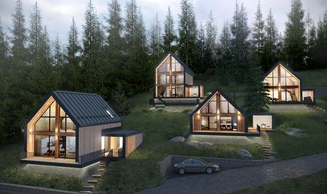 House In The Mountains, Tiny House Village, Small Villa, Resort Architecture, A Frame House Plans, Modern Barn House, Wooden Houses, A Frame House, Village House Design