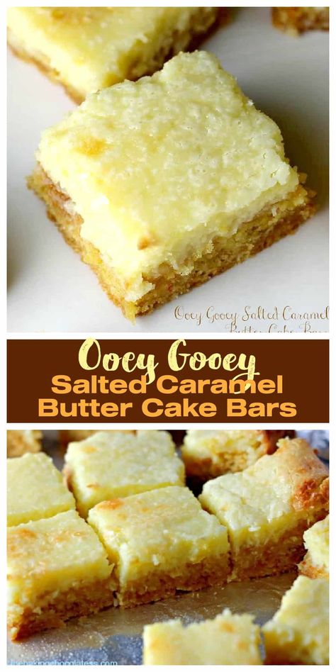 Ooey Gooey Salted Caramel Butter Cake Bars Salted Caramel Butter Cake, Caramel Butter Cake, Ooey Gooey Butter Bars, Butter Cake Bars, Caramel Butter, Ooey Gooey Butter Cake, Maple Bars, Gooey Cake, Gooey Butter Cake