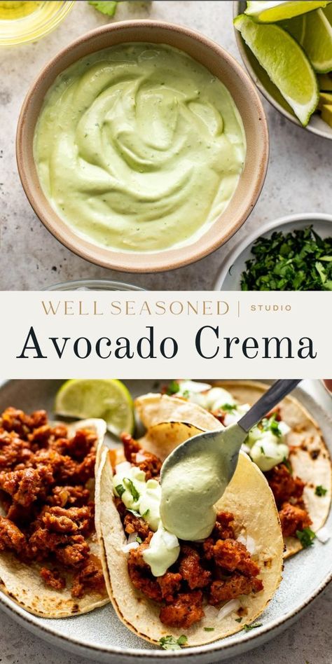 This thick, creamy Avocado Crema combines ripe avocado, cool, tangy sour cream, fresh lime juice, garlic, and Kosher salt to make an easy sauce that is delicious with all your favorite Mexican and Tex-Mex recipes! It can also be used it as a sandwich spread, dip, or a salad dressing. #wellseasonedstudio #crema #avocado #avocadocrema #mexicancrema Crema Recipe, Avocado Crema, Cream Fresh, Avocado Cream, Avocado Sauce, Sandwich Spread, 140 Pounds, Ripe Avocado, Avocado Recipes