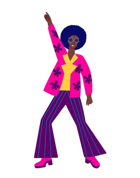 A man dressed in the style of the 90's dancing at a disco. Back to the nineties. Disco Dancing Illustration, Singer Illustration, Disco Illustration, Disco Witch, Dancing Character, Character Shapes, 90s Characters, Disco Christmas, Dancing Drawing