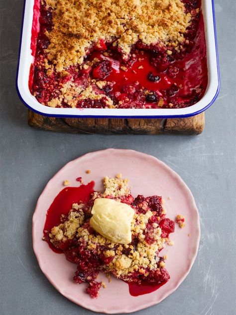 Frozen berry & apple crumble | Jamie Oliver recipes Apple Crumble Jamie Oliver, Fresh Berries Recipes, Fruit Crumble Recipe, Apple And Berry Crumble, Mixed Berry Crisp, Plum Crumble, Berry Crisp, Apple Crumble Recipe, Fruit Crumble