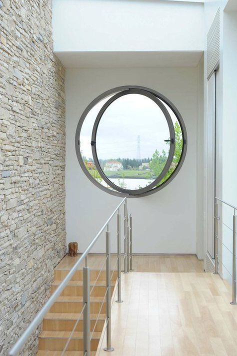 Circular Windows, Circular Window, Round Stairs, Stairs Window, Modern Exterior Doors, Cladding Design, Porthole Window, Round Window, Village House Design