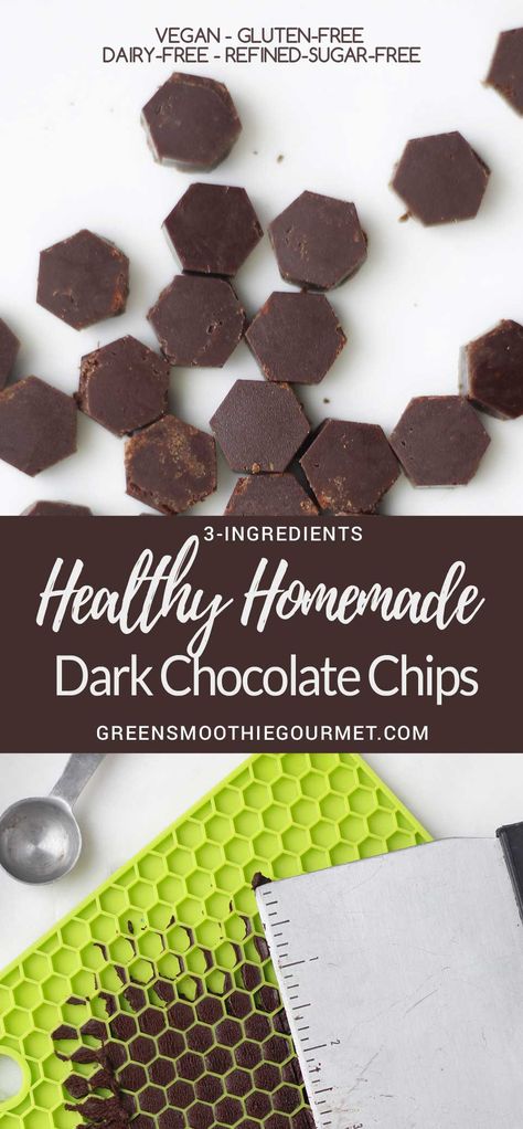 Homemade Dark Chocolate Chips {3-ingredients - vegan, glutenfree, dairy-free} Keto Friendly Ice Cream, Homemade Dark Chocolate, Dark Chocolate Recipes, Healthy Chocolate Recipes, Homemade Chocolate Chips, Low Carb Ice Cream, Vegan Candies, Superfood Recipes, Keto Friendly Desserts