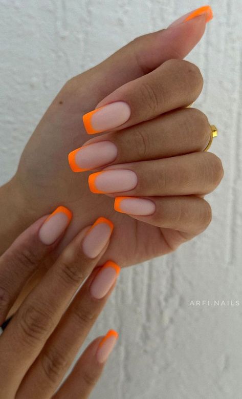 orange neon french tips, french tip nails, french manicure, modern french tips, french nails, french colored tips Nails Acrylic Summer French Tips, Orange French Tip Gel Nails, French Nails With Color Tips, Orange Line Nails, French Nail Orange, French Nails With Neon Tip, Vacation French Nails, Summer French Nails Square, Nails French Tip Orange