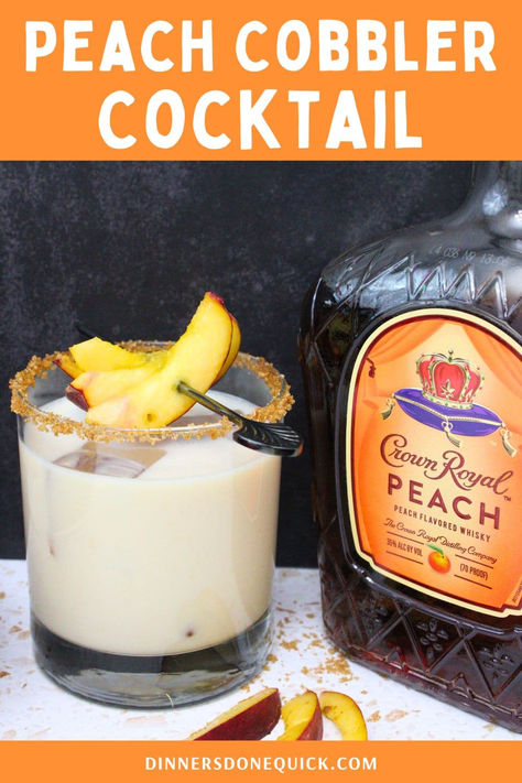 Enjoy the sweet, comforting flavors of a Peach Cobbler Cocktail made with Crown Royal Peach Whiskey. This delicious drink combines the smooth taste of peach whiskey with a creamy base and a hint of spices to create a cocktail that tastes just like your favorite dessert. Perfect for summer gatherings or cozy nights in, this easy-to-make cocktail is sure to impress. Click to get the full recipe and bring a taste of peach cobbler to your glass! Crown Peach Fall Drink, Birthday Cake Cocktail Recipes, Irish Peach Cocktail, Peach Cobbler Shots, Peach Cobbler Moonshine, Peach Crown Recipes, Peach Cobbler Old Fashioned Cocktail, Peach Royal Crown Recipes, Crown Mixed Drinks Recipe