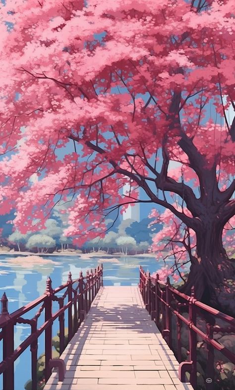 Cherry blossom bridge Cherry Blossom Bridge, Cherry Blossom Wallpaper, Pink Tree, Japon Illustration, Japanese Landscape, Pretty Landscapes, Anime Backgrounds Wallpapers, Cool Wallpapers Art, Beautiful Landscape Wallpaper